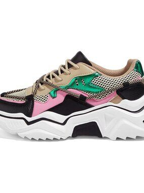 Women's Black/Green Fashion Color block Chunky Wedge Walking Sneakers Shoes